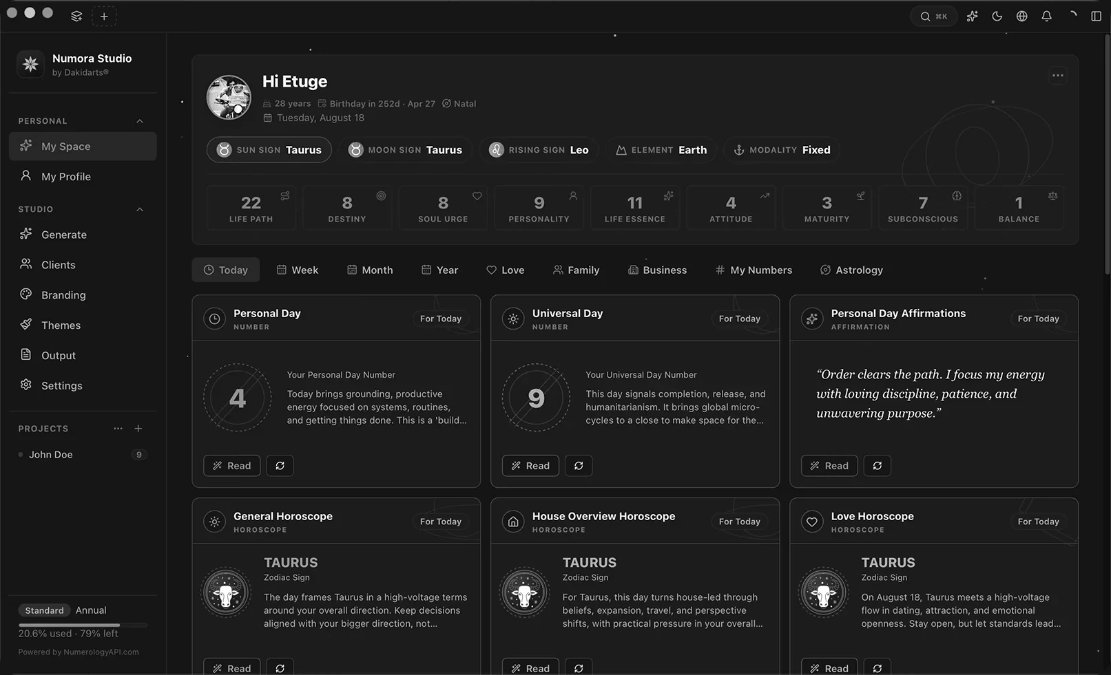 Numora Studio dark-mode workspace